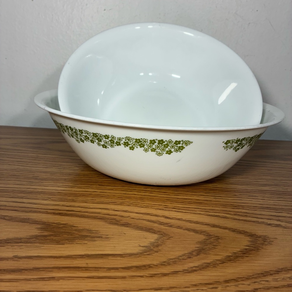 Corelle White Casserole Dish with Olive Green Floral Border